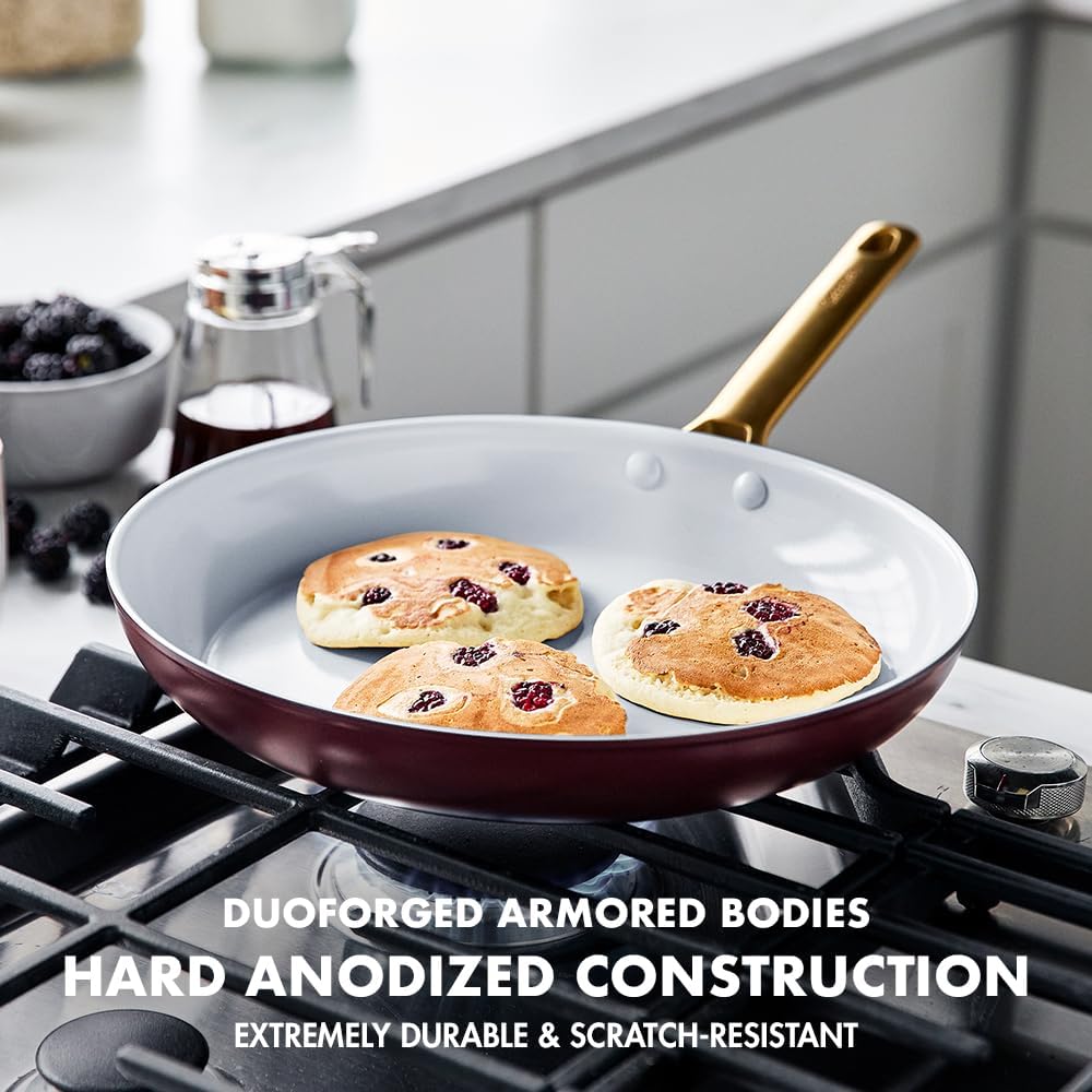GreenPan Hard Anodized Healthy Ceramic Nonstick, 8' 10' and 12' 3 Piece Frying Pan Skillet Set, Gold Handle, PFAS-Free, Induction Suitable, Dishwasher Safe, Oven Safe, Multi Color Mix