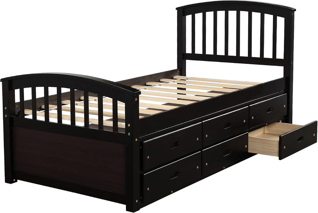Merax Twin Size Platform Storage Bed Solid Wood Bed with 6 Drawers