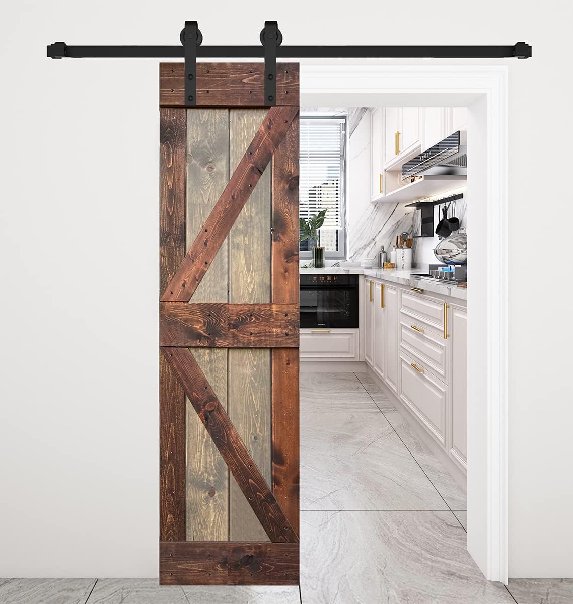 K Series 24in.X 84in. Brown/Walnut Finished DIY Solid Wood Interior Sliding Barn Door Slab (Hardware Kit NOT Included) - Assembly Needed