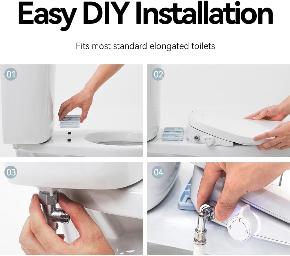 Electric Heated Bidet Toilet Seat Elongated, Smart Toilet Seat With Adjustable Warm Water Pressure, Soft Closed Lid, Night Light, Self-Cleaning Dual Nozzles For Frontal & Rear Wash E300