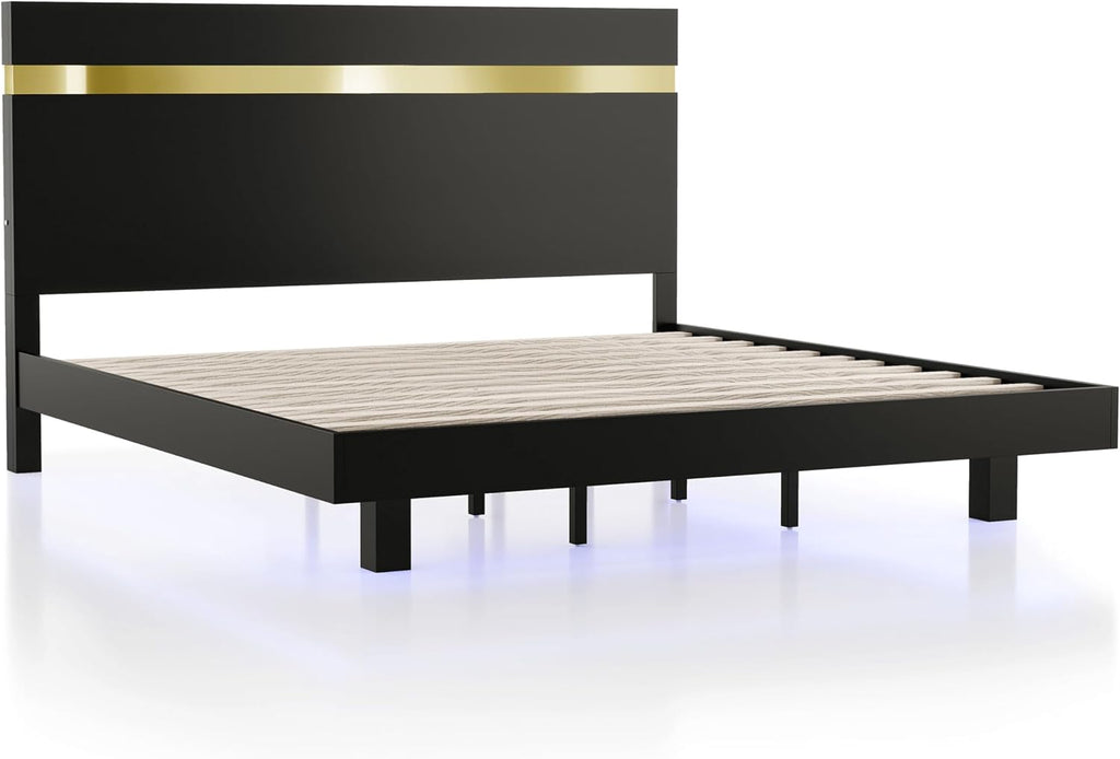 Furniture of America Ansten Modern Wood 5-Piece Platform Bedroom Set with Gold Trim, Underbed LED, Dust Proof Cases, Bracketed Metal Legs, No Box Spring Needed, Twin, Black