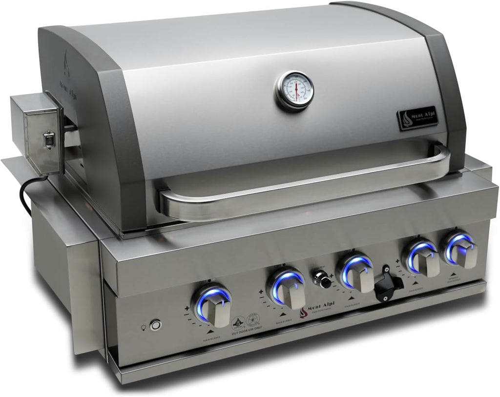 Mont Alpi Premium 32'W x 23'D x 21'H Stainless Steel 4-Burner 63000 BTUs Outdoor Kitchen Kitchen Island Heavy Duty Propane Built-in BBQ Grill Head with Infrared Rear Burner + Rotisserie Kit + Cover