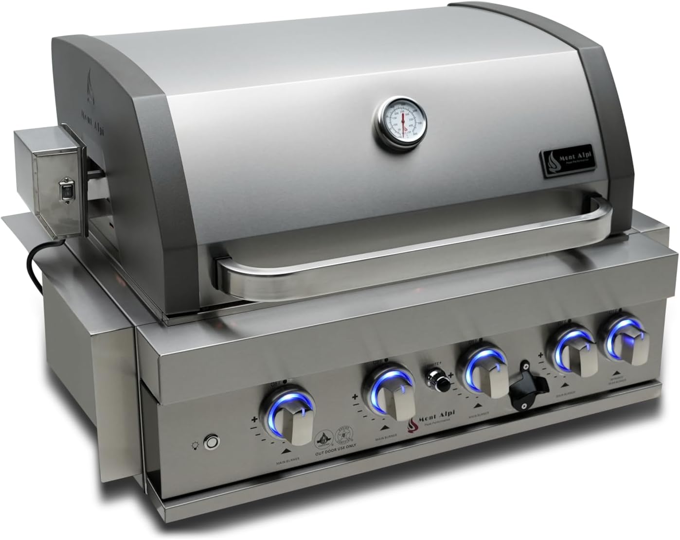 Mont Alpi Premium 32'W x 23'D x 21'H Stainless Steel 4-Burner 63000 BTUs Outdoor Kitchen Kitchen Island Heavy Duty Propane Built-in BBQ Grill Head with Infrared Rear Burner + Rotisserie Kit + Cover