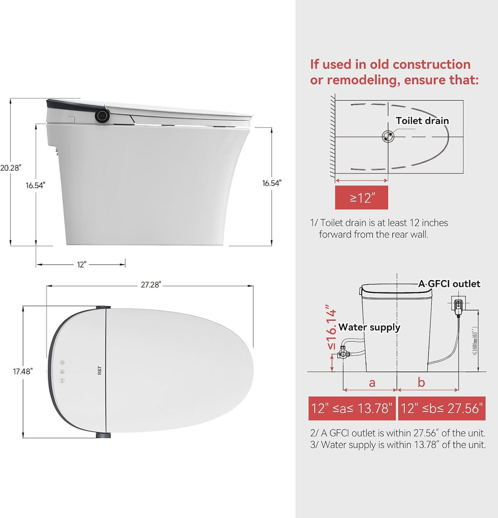 R&T FA59-T Smart Toilet – Auto Open & Flush, Heated Seat, Warm Water Bidet, Air Dryer, Dual Flush (1.1/1.6 GPF), Deodorizer, Night Light, Power Outage Flush, 2-User Presets