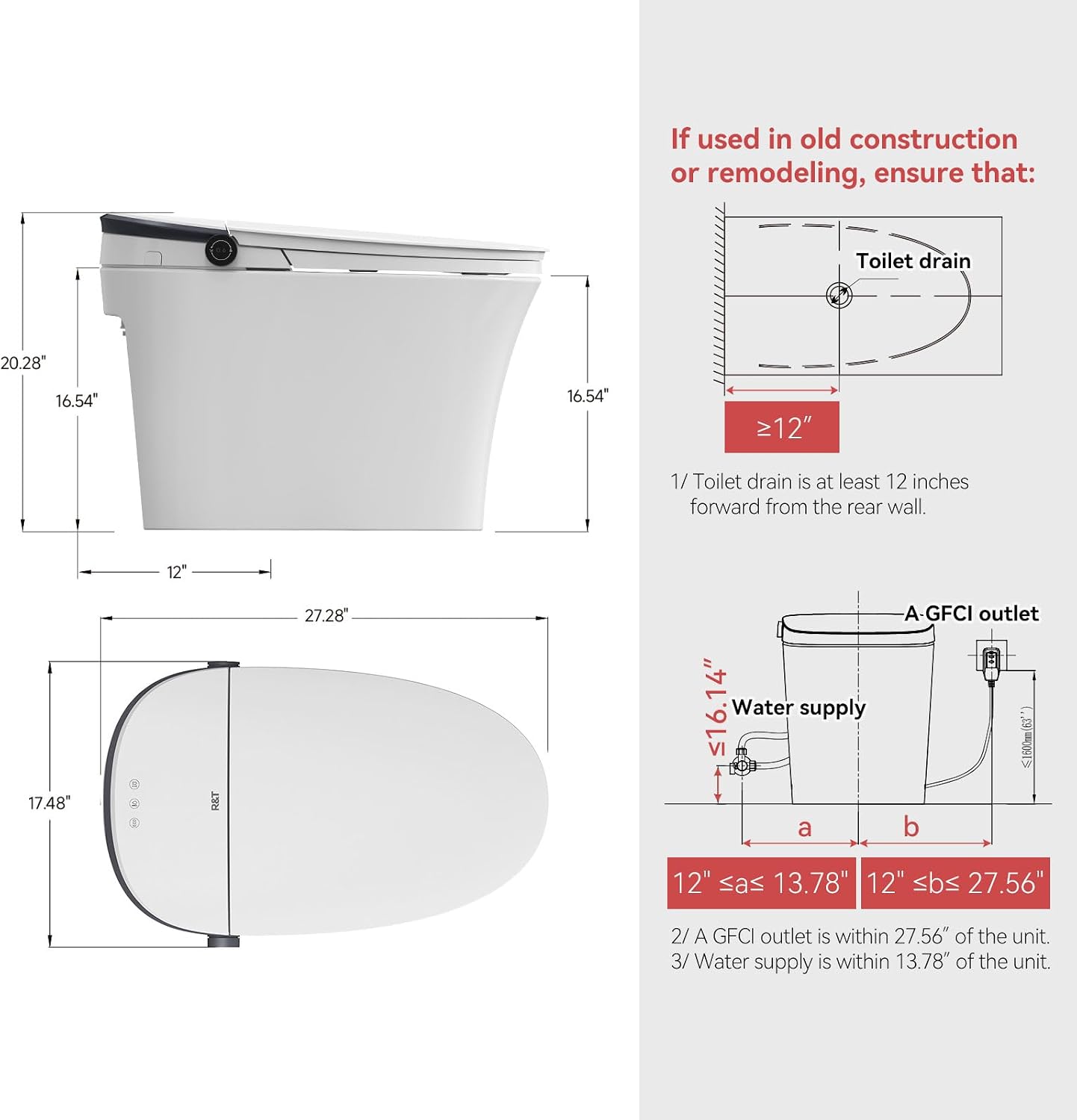 R&T FA59-T Smart Toilet – Auto Open & Flush, Heated Seat, Warm Water Bidet, Air Dryer, Dual Flush (1.1/1.6 GPF), Deodorizer, Night Light, Power Outage Flush, 2-User Presets