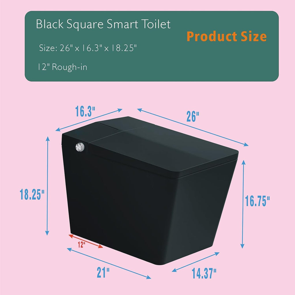 Square Smart Bidet Toilet with Built-In Tank for Bathroom, Remote Control, Foot Touching Lid Opening, Auto Flush, Heated Seat, LED Digital Display, User Memory, Matte Black