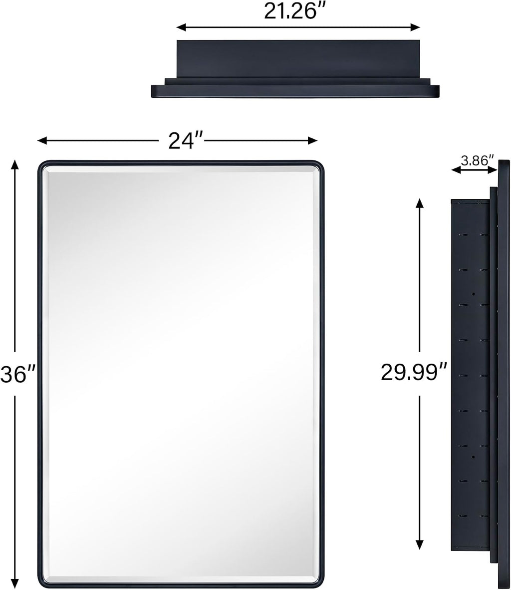 TEHOME Farmhouse Matt Black Recessed Bathroom Medicine Cabinet with Mirror Rounded Rectangle Metal Framed Medicine Cabinet with Beveled Mirror 24x36''