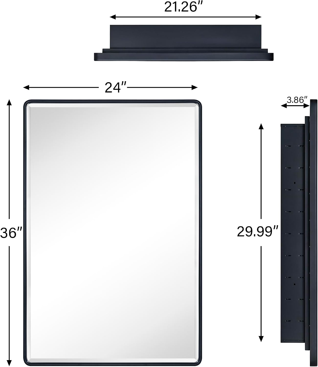 TEHOME Farmhouse Matt Black Recessed Bathroom Medicine Cabinet with Mirror Rounded Rectangle Metal Framed Medicine Cabinet with Beveled Mirror 24x36''