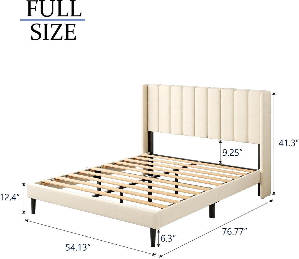 Gruwans Full Size Bed Frame with Upholstered Wingback Headboard, Easy Assemnly Platform Bed, Wooden Slat Support No Box Spring Needed, Cream