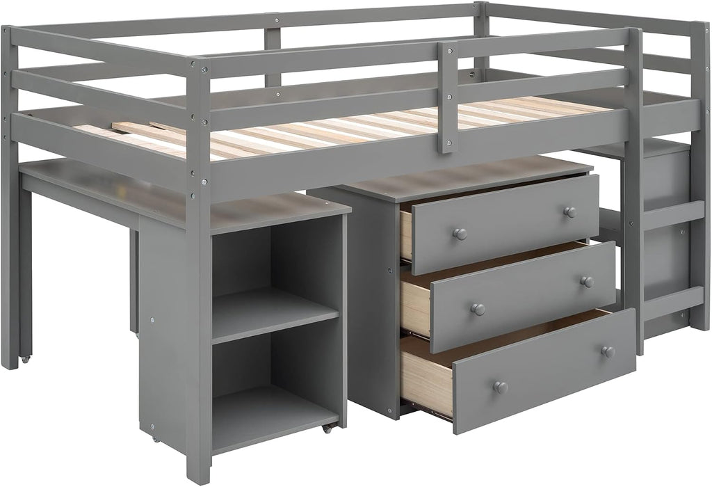 Harper & Bright Designs Twin Size Low Loft Bed with Desk and Storage Cabinet, Wooden Low Study Loft Bed with Drawers, for Kids Teens Girls Boys - Gray