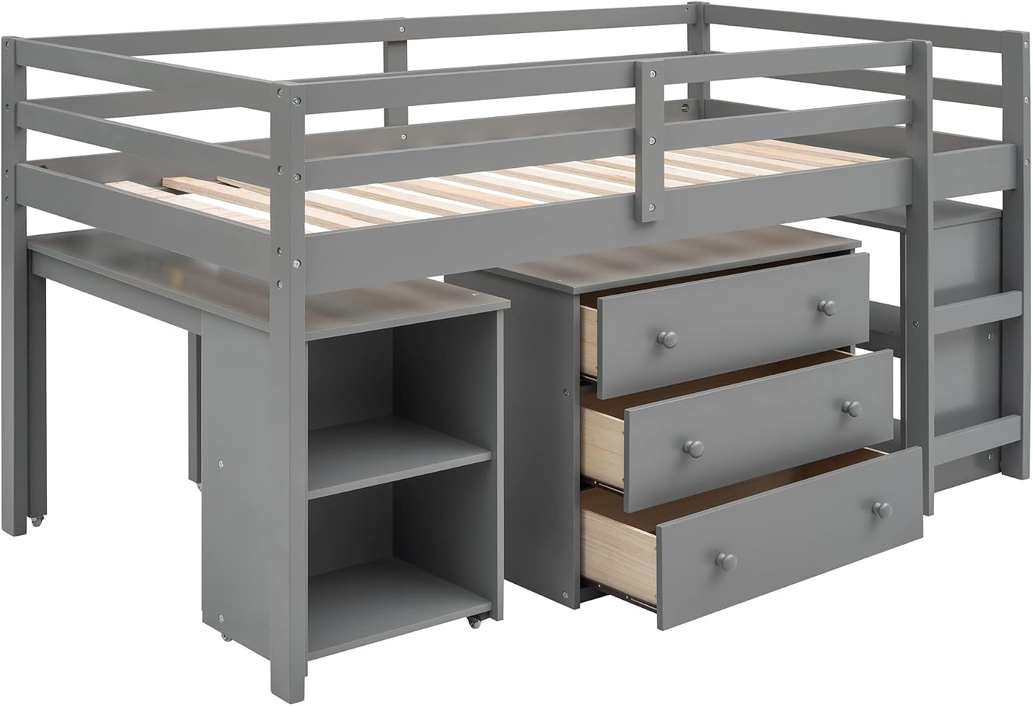 Harper & Bright Designs Twin Size Low Loft Bed with Desk and Storage Cabinet, Wooden Low Study Loft Bed with Drawers, for Kids Teens Girls Boys - Gray