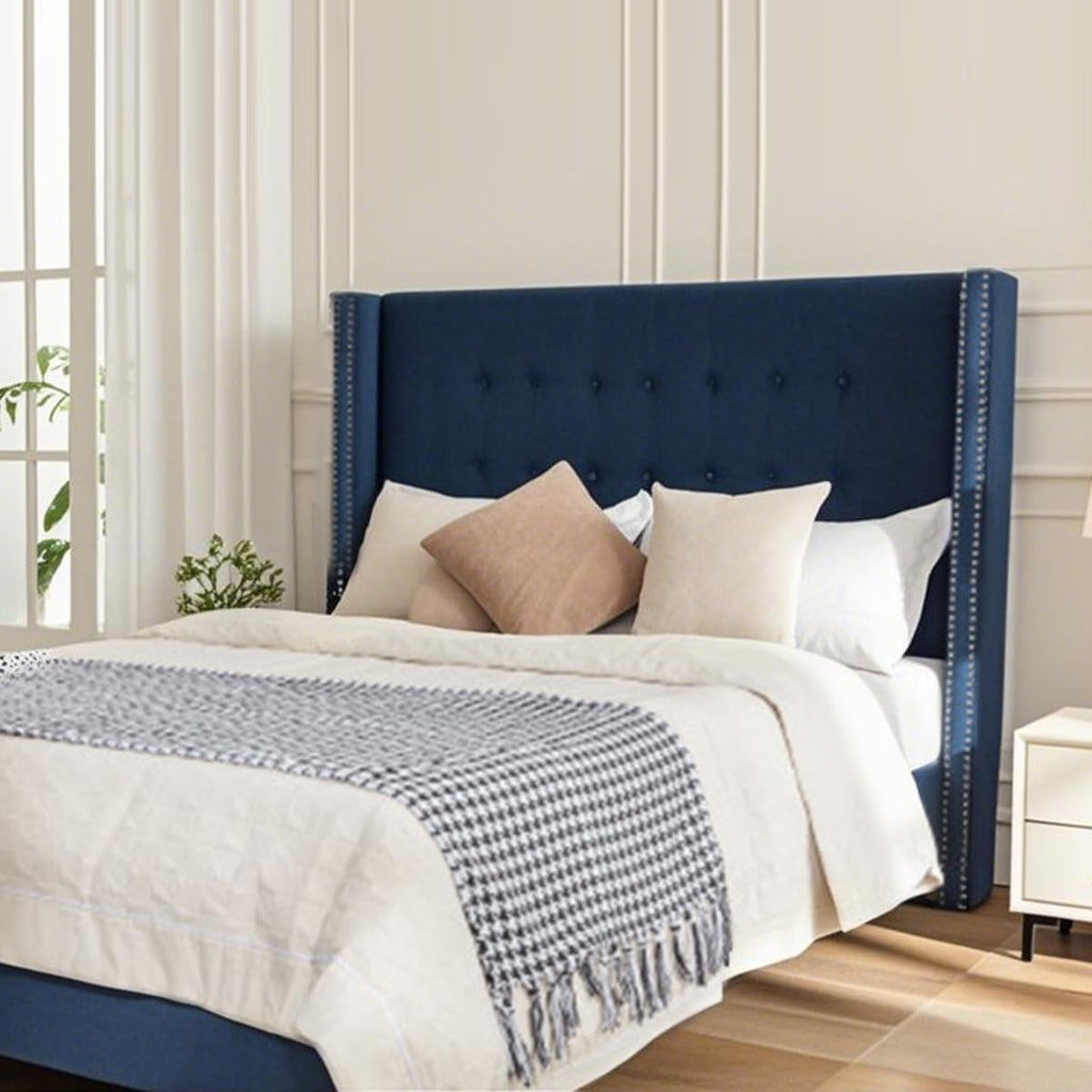 King Size Bed Frame,54'High Headboard Button Tufted Nailhead Trimmed Backrest Headboard,Velvet Metal Upholstered Platform Bed Frame,Wooden Slats Provide Strong Support,No Springs Required,Blue