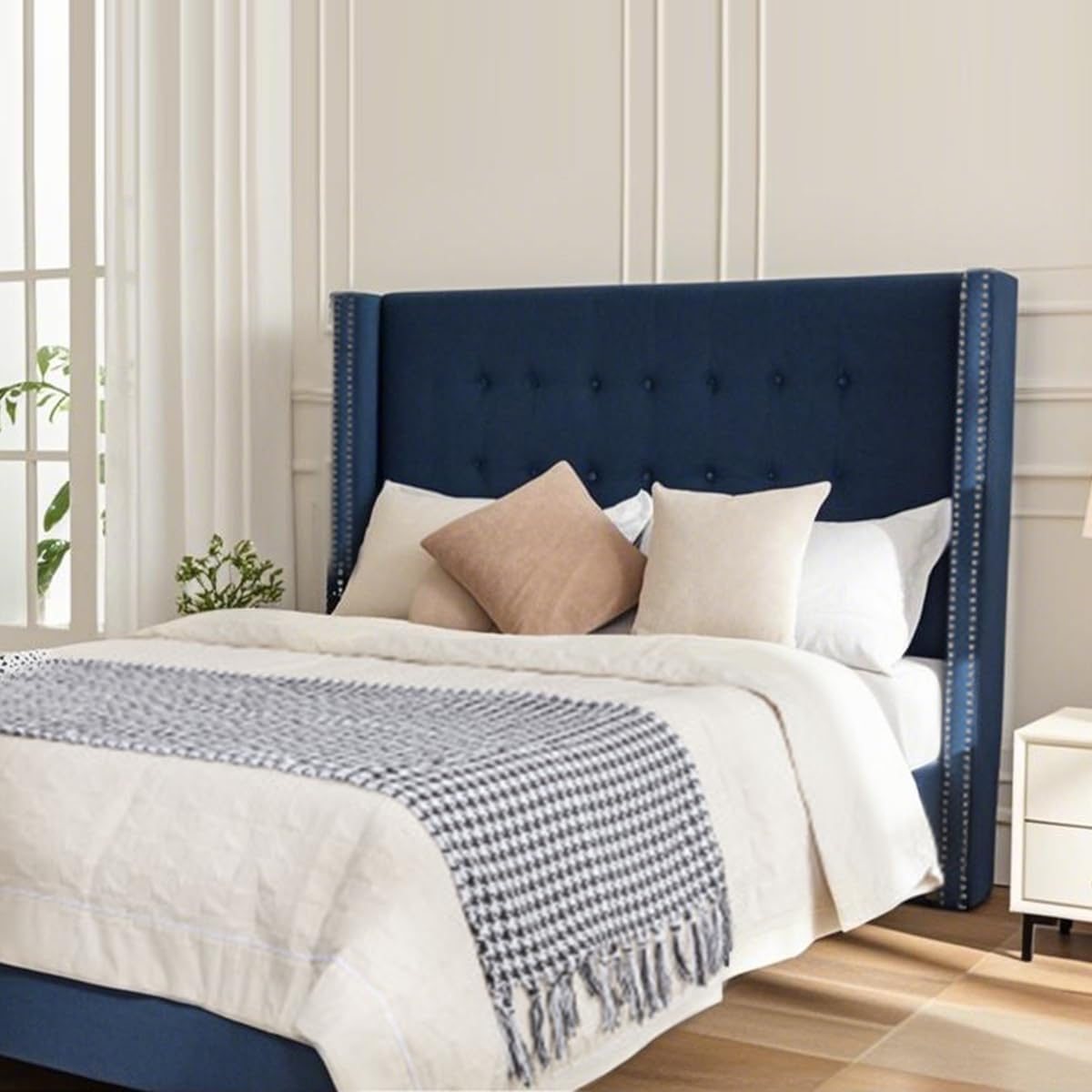 King Size Bed Frame,54'High Headboard Button Tufted Nailhead Trimmed Backrest Headboard,Velvet Metal Upholstered Platform Bed Frame,Wooden Slats Provide Strong Support,No Springs Required,Blue