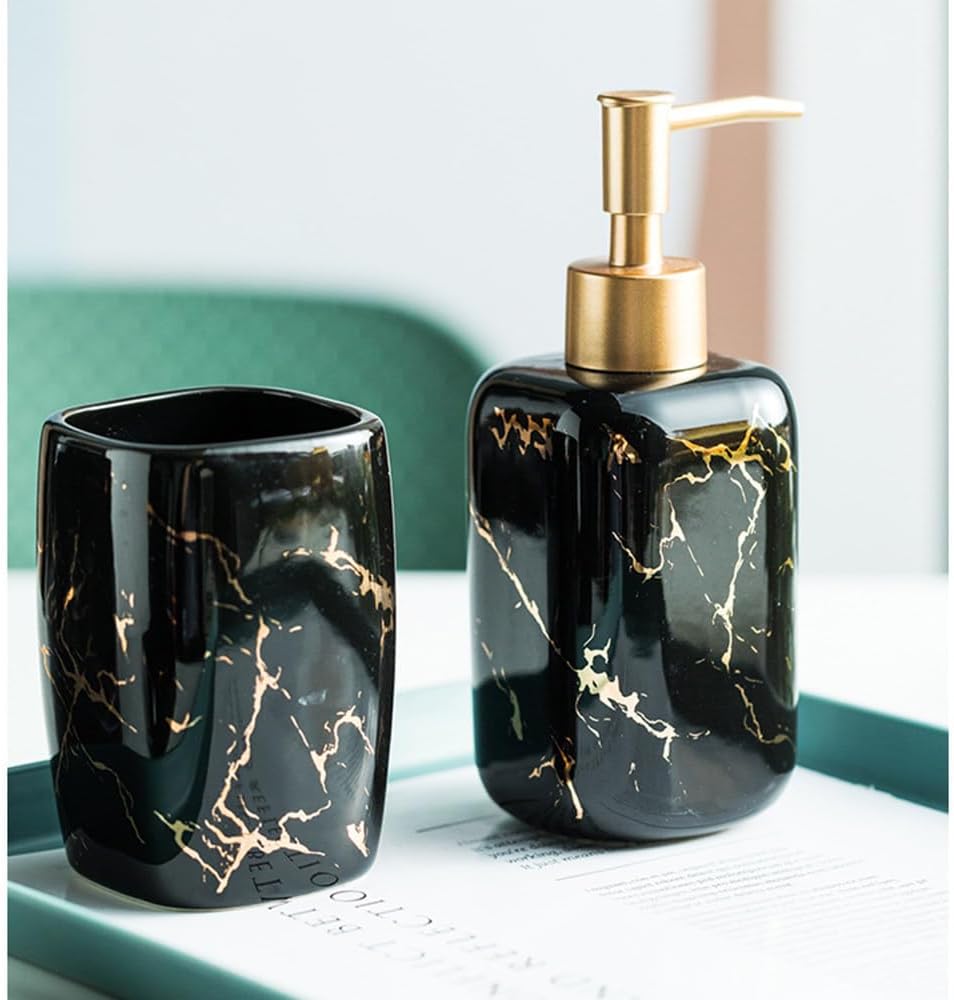3 Pieces Marble Square Bathroom Accessories Set Include Soap Dispenser Rinse Cup - for Kitchen Home Popular Black One Size ((Black Size)