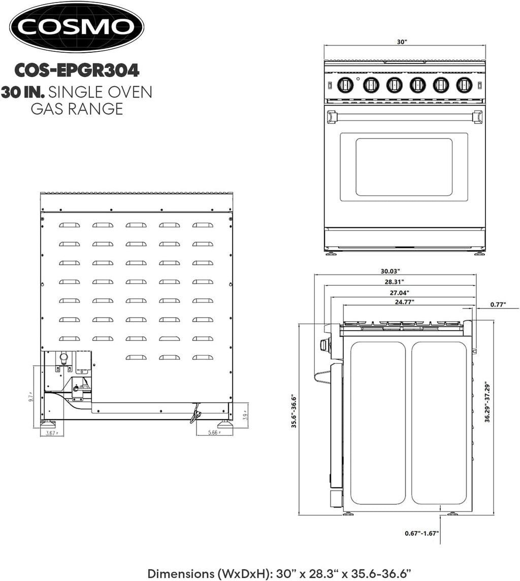 COSMO COS-EPGR304 30 in. Haven Collection 4.5 cu. ft. Gas Range with 5 Sealed Burners, Convection Oven, Knob LED Lights, Stainless Steel