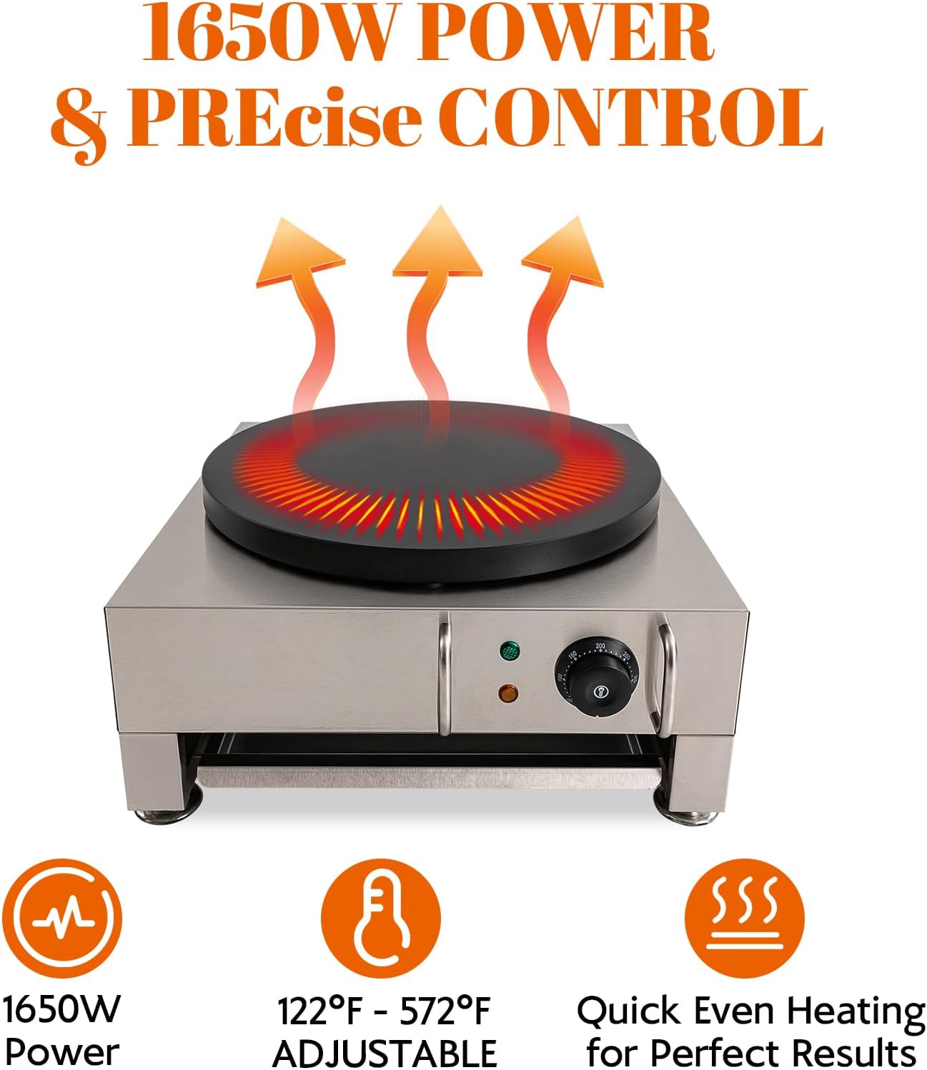 16-Inch Electric Crepe Maker 2200W Commercial Griddle Machine, Flat Plate Crepe Griddle Non-stick Cast Iron Suace with Adjustable Temp Desktop Circular Pancake Stove