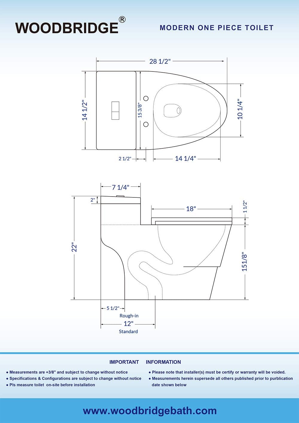 WOODBRIDGE Modern Design, One Piece Dual Flush 1.0/1.6 Gpf,with Soft Closing Seat, White, Elongated Toilet, B0735/T-0018