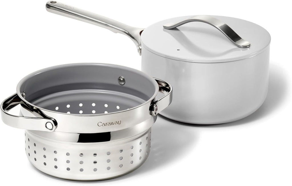 Caraway Nonstick 3 Qt Ceramic Sauce Pan with Lid & Steamer - Non Toxic, PTFE & PFOA Free - Oven Safe & Compatible with All Stovetops (Gas, Electric & Induction) - Gray