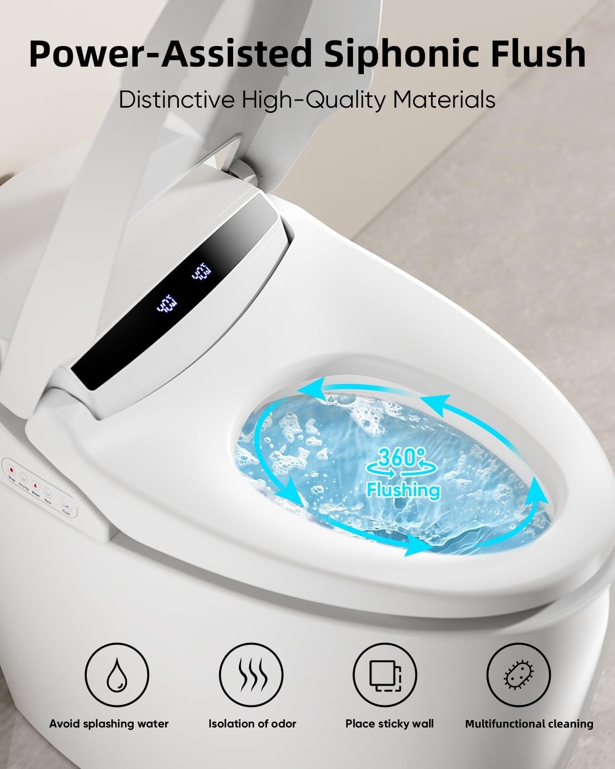 Smart Toilet with Warm Water Sprayer and Dryer, One Piece Bidet Toilet with Auto Dual Flush Foot Sensor Operation,Heated Seat Smart with Built In Fahrenheit LED Display