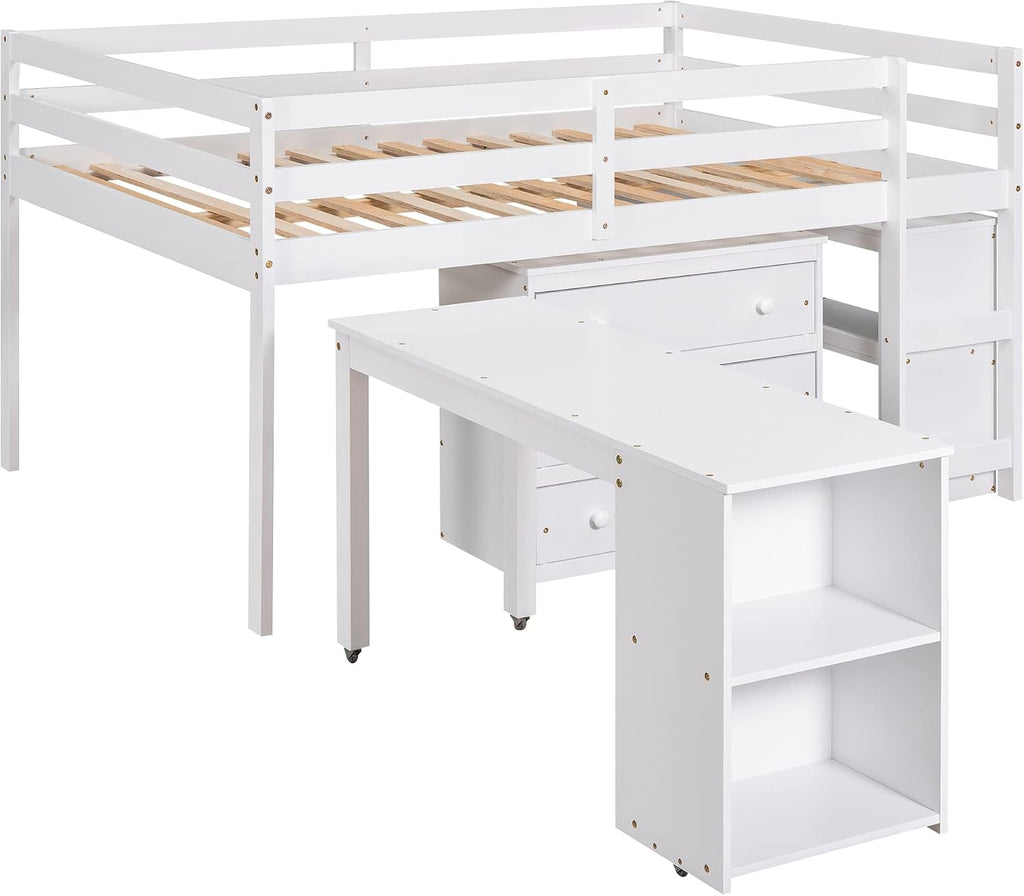 Harper & Bright Designs Full Size Low Loft Bed with Rolling Portable Desk and Storage, Solid Wood Low Loft Bed with Cabinet, Shelves, Multiple Functions Loft Bed Frame for Kids Teens Adults (White)