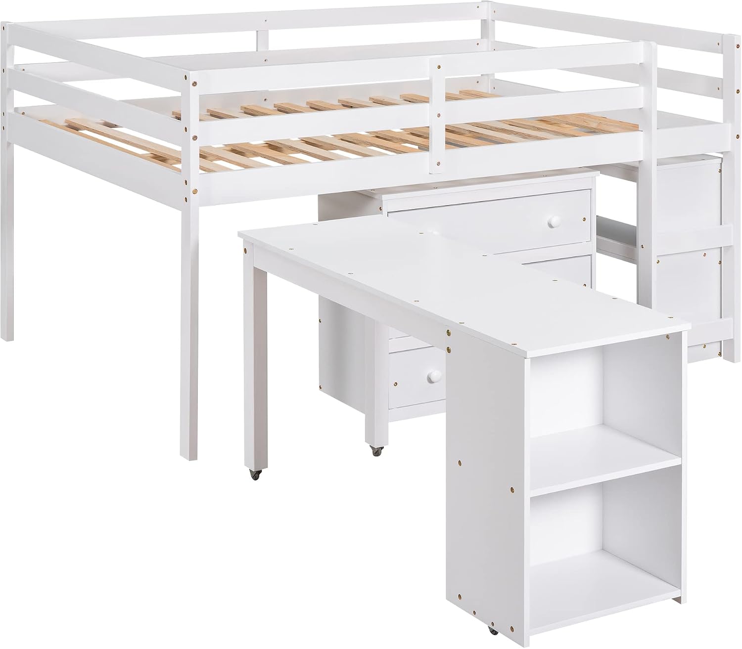 Harper & Bright Designs Full Size Low Loft Bed with Rolling Portable Desk and Storage, Solid Wood Low Loft Bed with Cabinet, Shelves, Multiple Functions Loft Bed Frame for Kids Teens Adults (White)