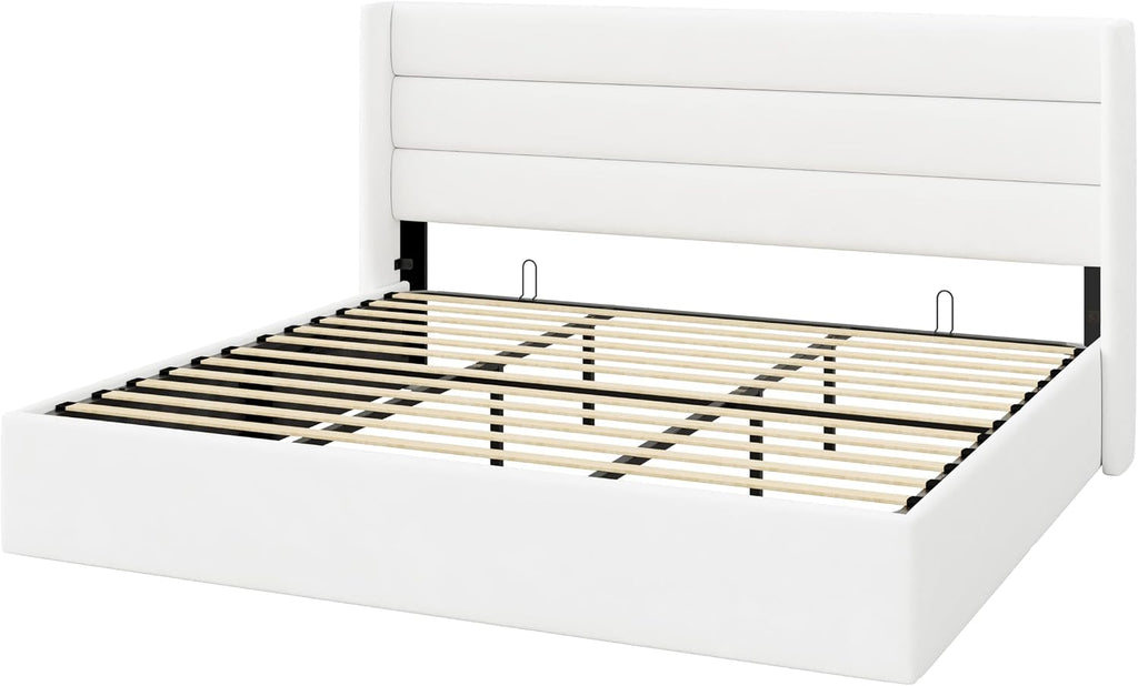 Allewie King Size Velvet Lift Up Storage Bed, Modern Wingback Headboard, Hydraulic Support, No Box Spring Needed, White