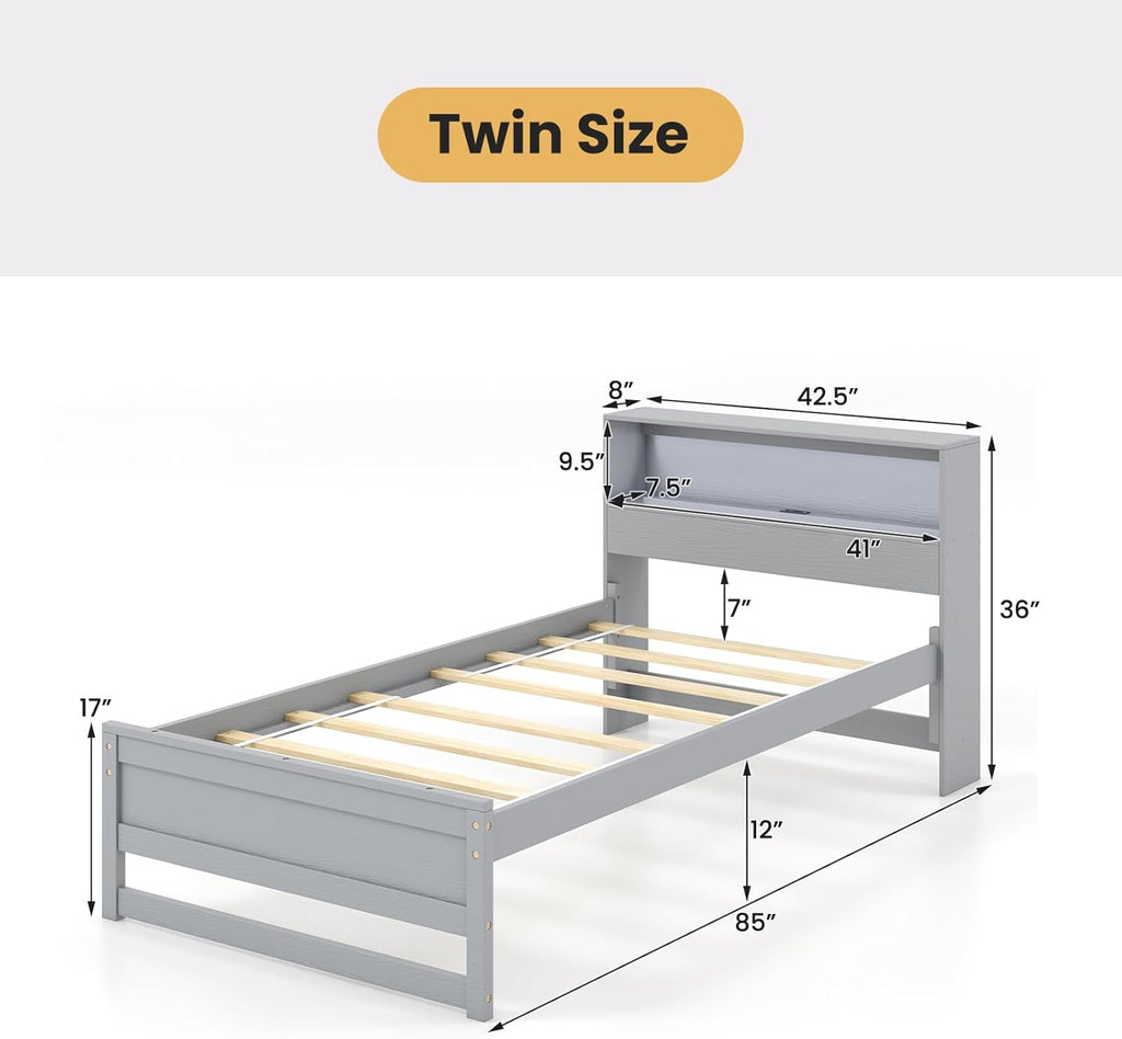 Giantex Twin Bed Frames with Storage Headboard, Wood Platform Bed with Charging Station & LED Light, Single Bed with Slats Support, Under-Bed Space, Twin Bed Frames for Kids Girls Boys (Grey)