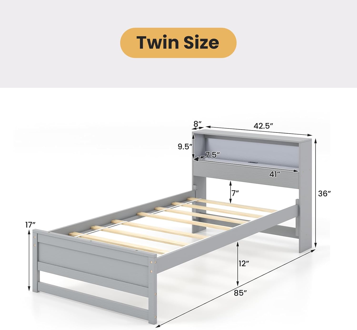 Giantex Twin Bed Frames with Storage Headboard, Wood Platform Bed with Charging Station & LED Light, Single Bed with Slats Support, Under-Bed Space, Twin Bed Frames for Kids Girls Boys (Grey)