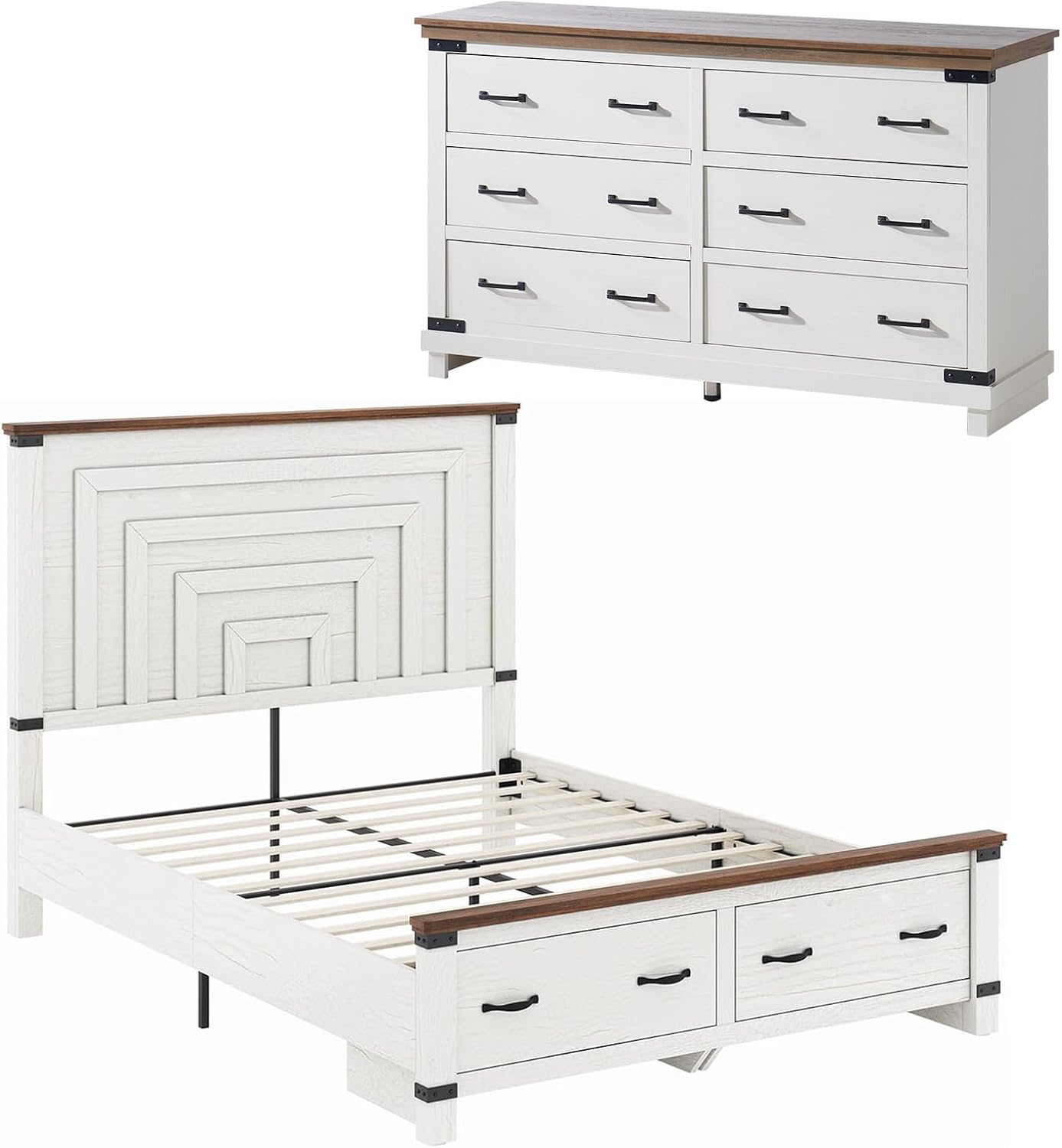 AMERLIFE 2 Pieces Farmhouse Bedroom Set, Includes Wood Rustic Full Size Bed Frame with 54' Tall Headboard, 6 Drawers Large Dresser Chest, Heavy Duty Thick Plank Styling, Antique White