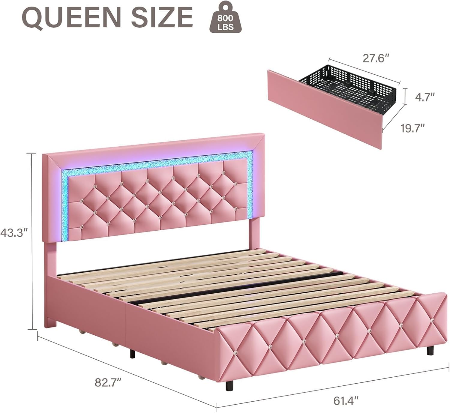 BarnFurin Queen Bed Frame with LED Lights, Upholstered Bed Frame with 4 Storage Drawers, Princess Platform Bed with Diamond Headboard and Footboard, No Box Spring Needed, Pink