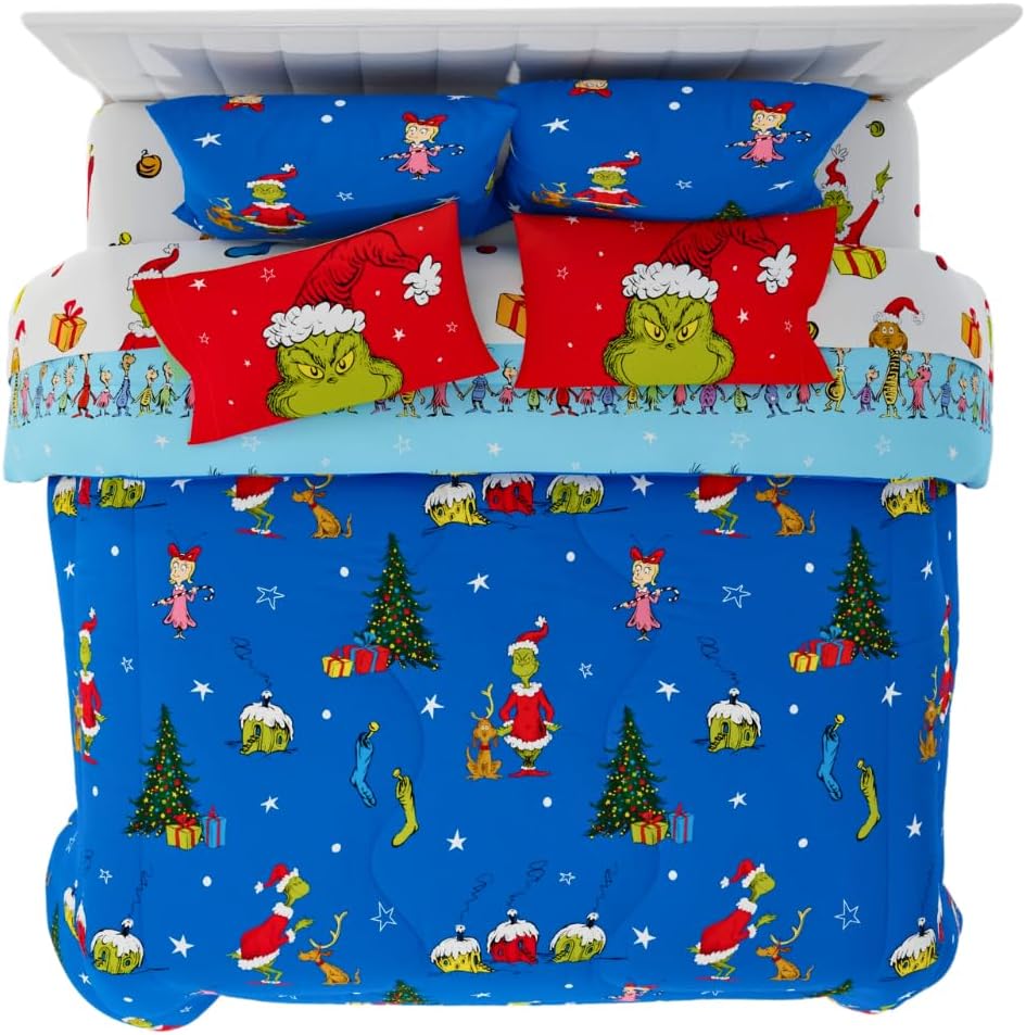 Grinch by Dr. Seuss Holiday & Christmas Bedding Super Soft Comforter and Sheet Set with Sham, 7 Piece King Size (Official Dr. Seuss Product) By Franco