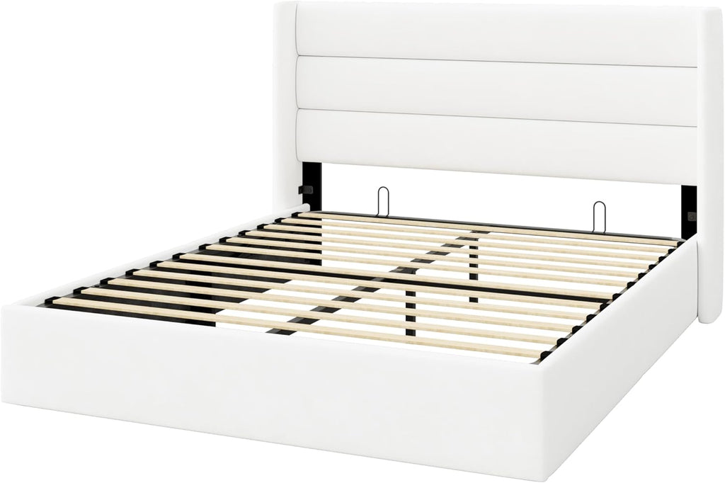 Allewie Queen Size Velvet Lift Up Storage Bed, Modern Wingback Headboard, Hydraulic Support, No Box Spring Needed, White
