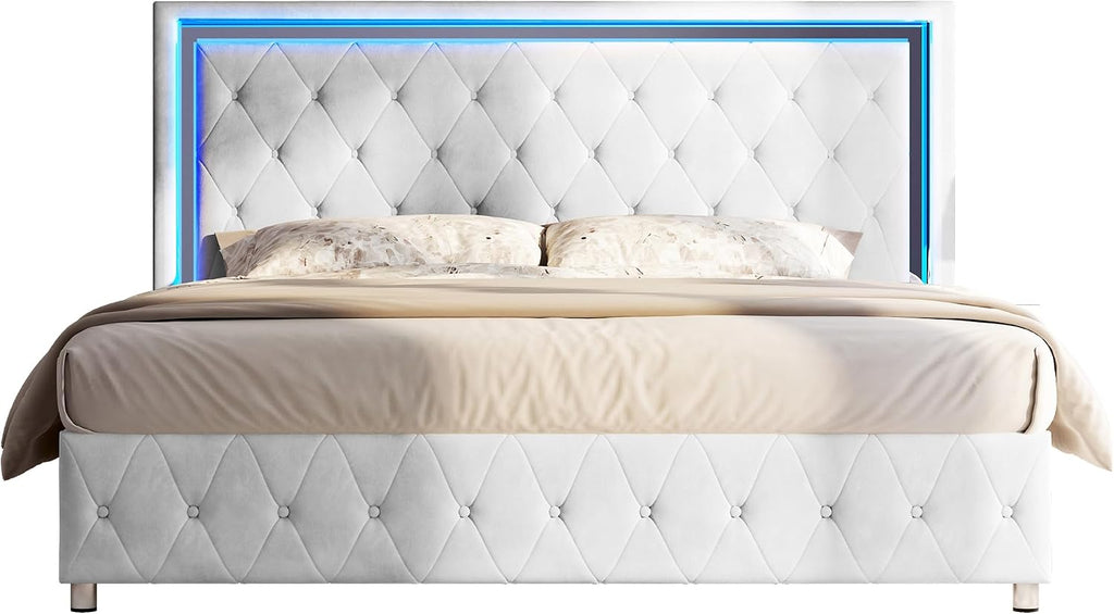 Jocisland Twin Bed Frame with LED Lights Headboard&Footboard, Velvet Upholstered Twin Size Platform Bed Frame No Box Spring Needed/White