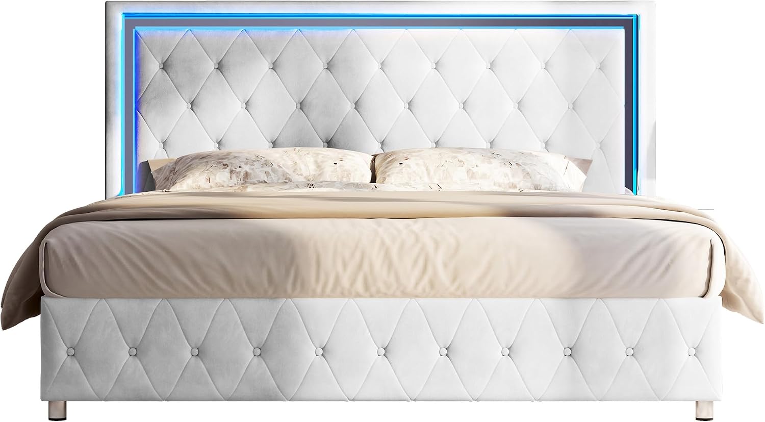 Jocisland Twin Bed Frame with LED Lights Headboard&Footboard, Velvet Upholstered Twin Size Platform Bed Frame No Box Spring Needed/White
