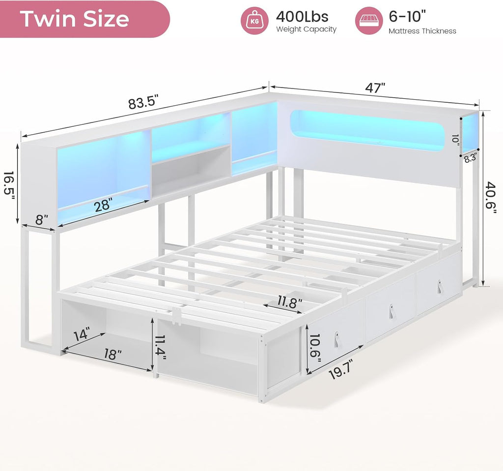 ADORNEVE Twin Corner Bed Frame with Bookcase Storage & LED Light Headboard, Charging Station, Metal Daybed with 3 Drawers & 2 Open Cubbies, for Small Bedrooms, White