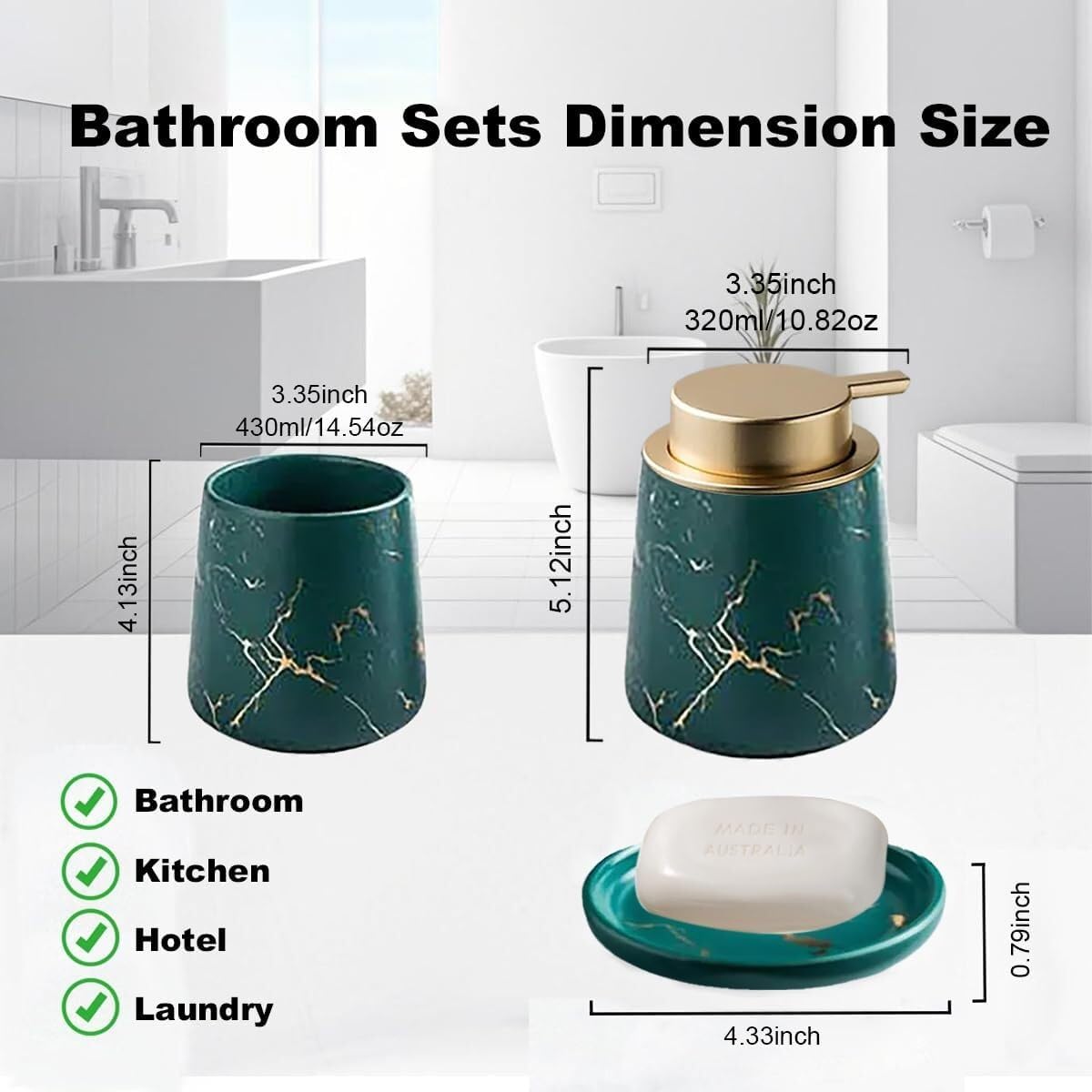 Bathroom Accessories Set Ceramic Bathroom Accessory Set Plant Patterns Accessories with Soap Dispenser Dish Tumbler for Home Decor Victorian(3 Piece Set-Green)