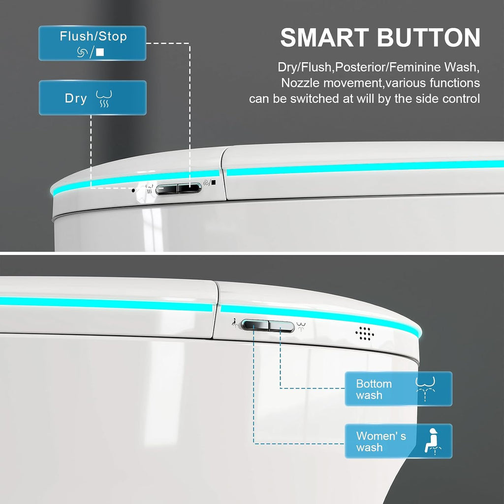 Smart Bidet Toilet with Foam Shield, Auto Open/Close Lid & Seat, Foot Sensor Flush, Tankless One Piece Elongated, Heated Seat, Instant Warm Water & Dryer