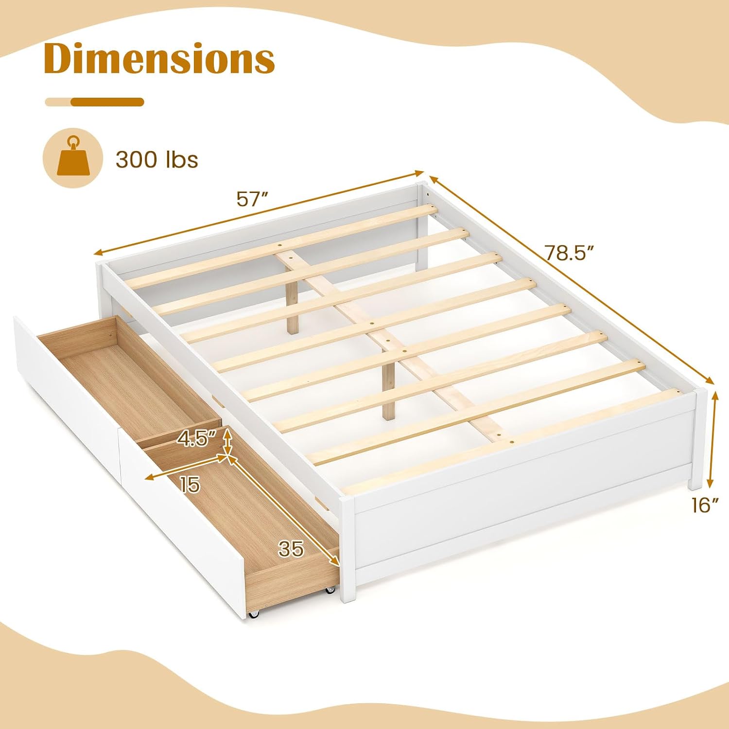 Giantex Full Size Bed Frame with 2 Storage Drawers, Solid Wood Platform Bed with Slats Support, Heavy Duty Daybed with Storage, No Box Spring Needed, Full Bed Frames for Teens Adults, White