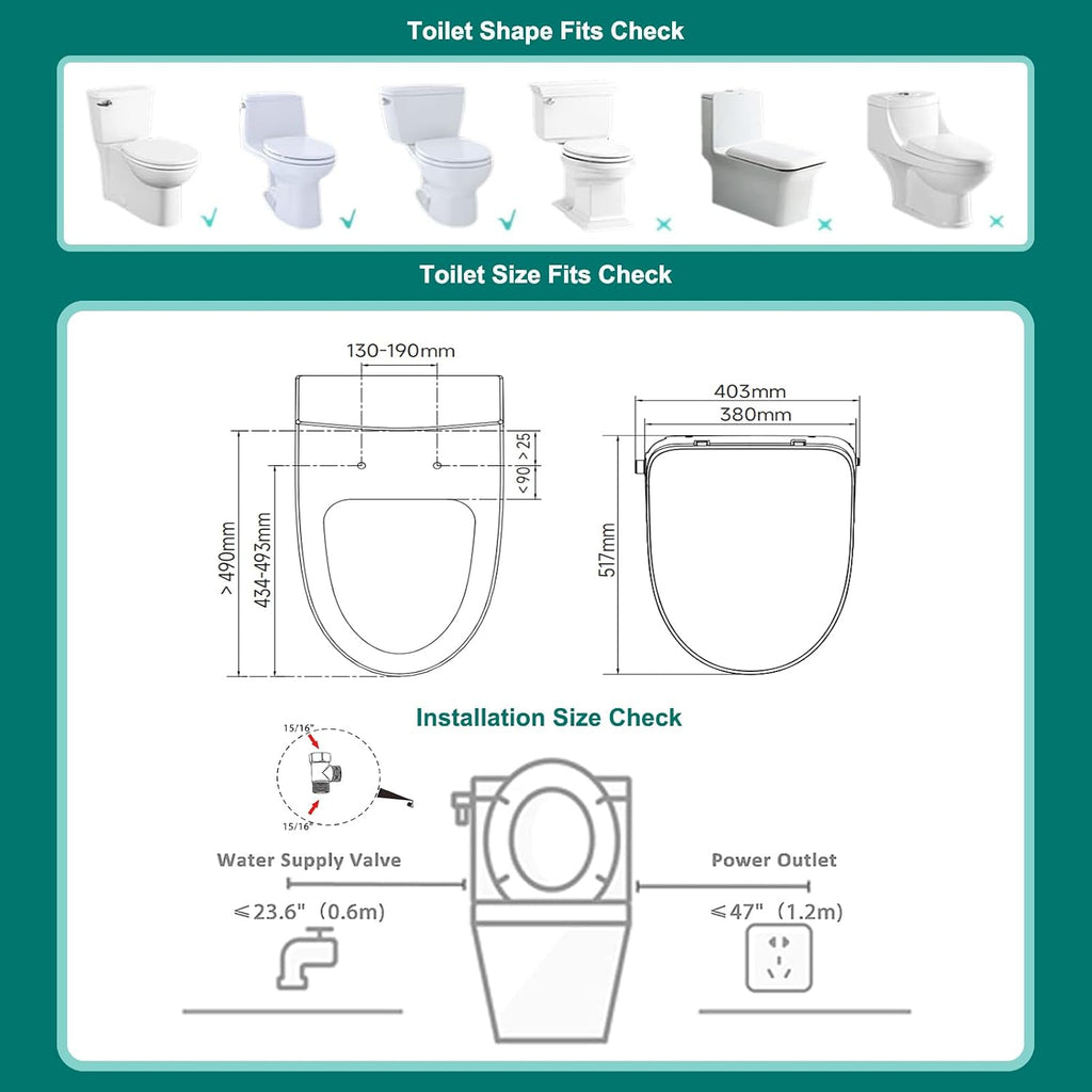 AQUATIZ Elongated Smart Toilet Bidet, Electric Toilet Seat with Self-Cleaning Nozzle, Adjustable Warm Water, Deodorizer, Air Dryer, LED Night light (Remote Control)