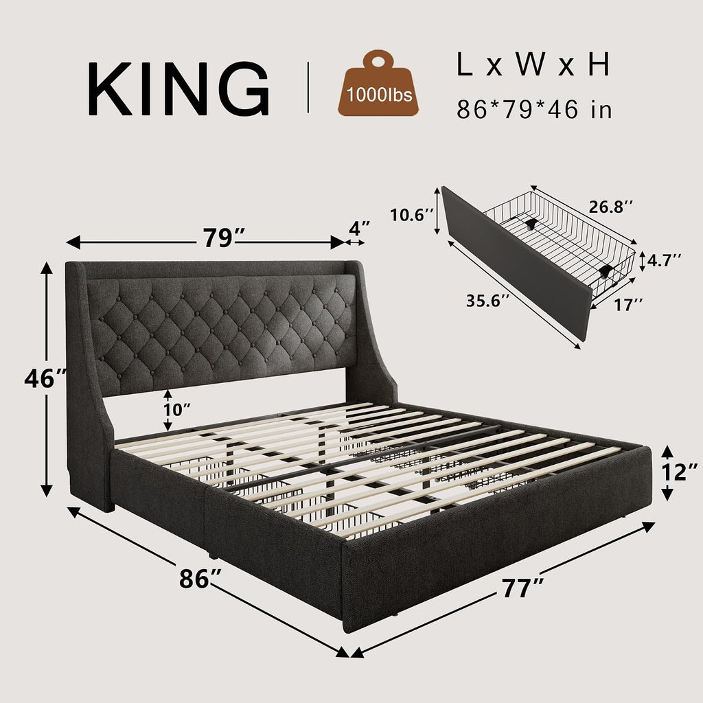 Einhomn Upholstered King Size Bed Frame with 4 Storage Drawers, Platform Bed Frame with Wingback Headboard, Charging Station, No Box Spring Needed, Dark Grey