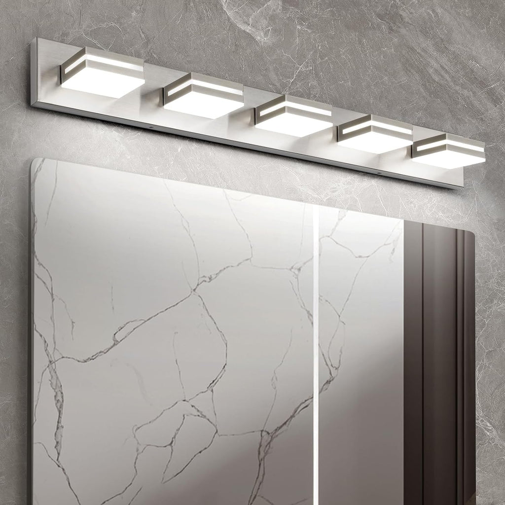 OKELI 5 Light Bathroom Vanity Light Brushed Nickel Modern 36W LED Dimmable Vanity Light Over Mirror 350° Adjustable Lamp Head Cold White 6000K ETL Listed 36.2Inch