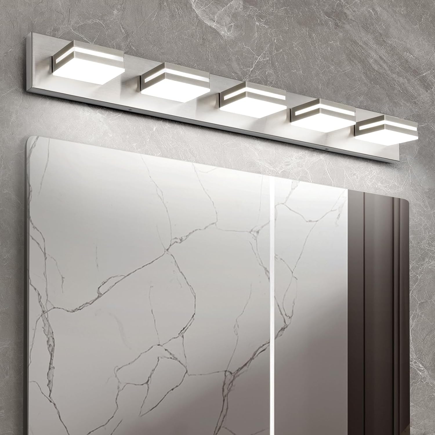OKELI 5 Light Bathroom Vanity Light Brushed Nickel Modern 36W LED Dimmable Vanity Light Over Mirror 350° Adjustable Lamp Head Cold White 6000K ETL Listed 36.2Inch