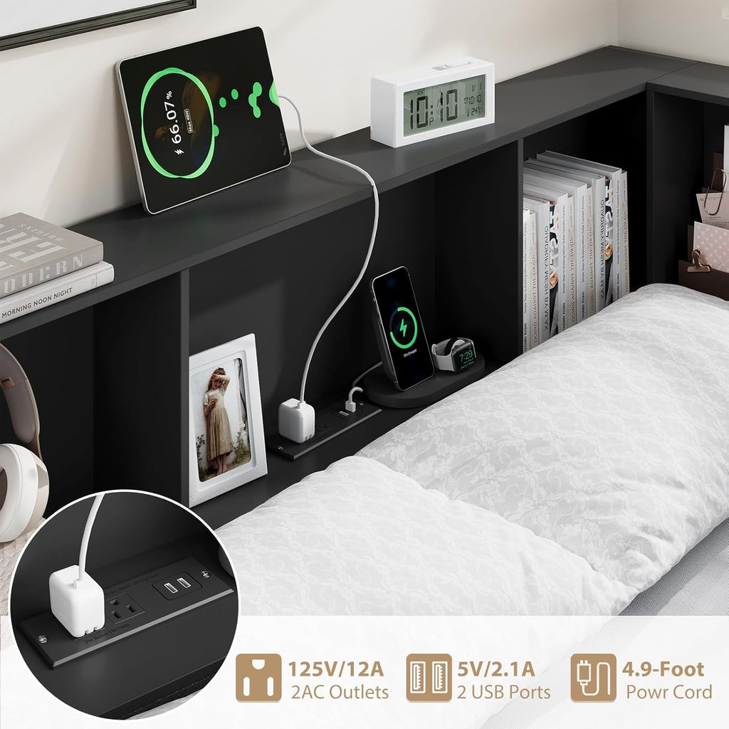 Corner Full Bed Frame with Storage Bookcase and Foldable Desktop, Black Full Size U-Shaped Metal Corner Bed Platform for Teenagers & Kids, Daybed with Charging Station & 2 Storage Drawers for Bedroom