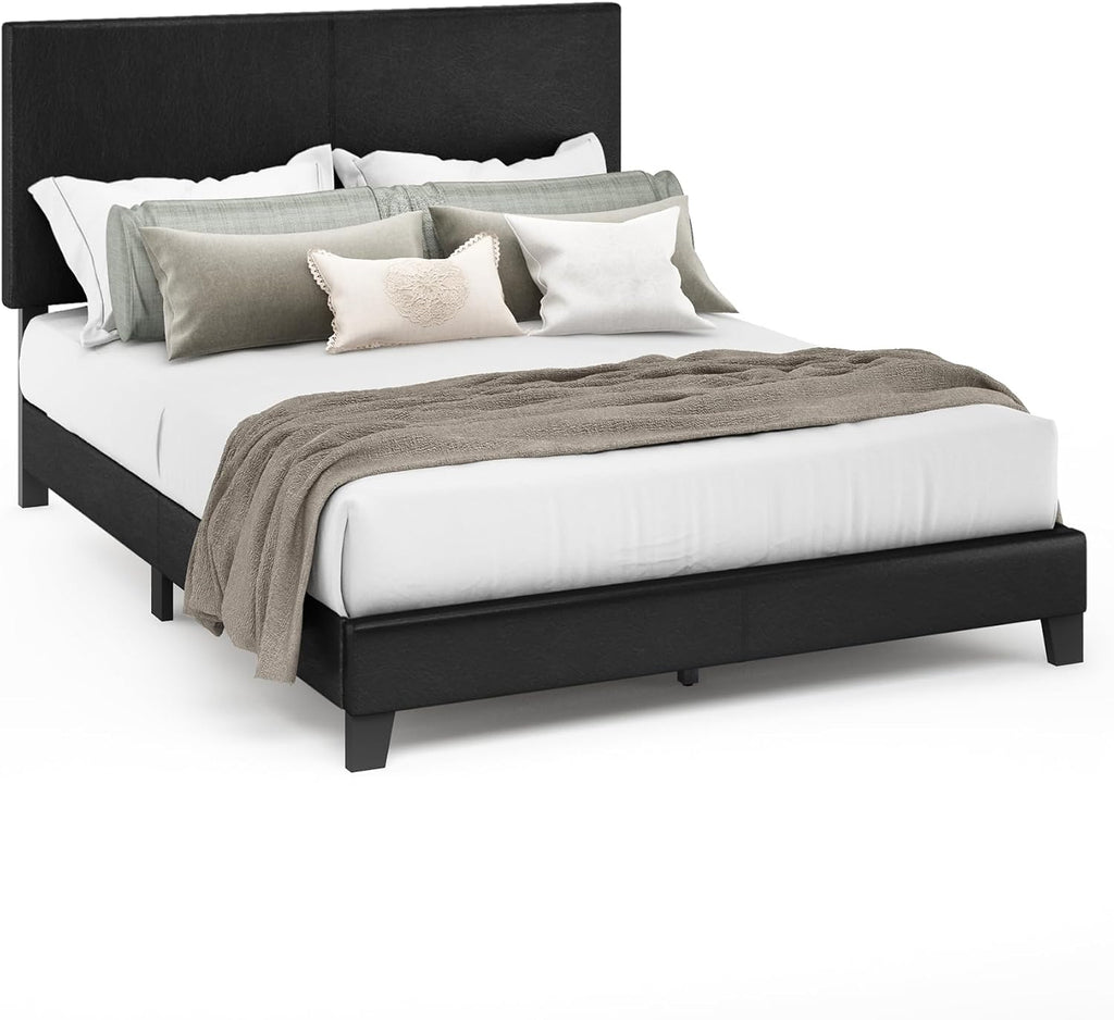 FURINNO Pessac PU Leather Upholstered Platform, Queen, Black