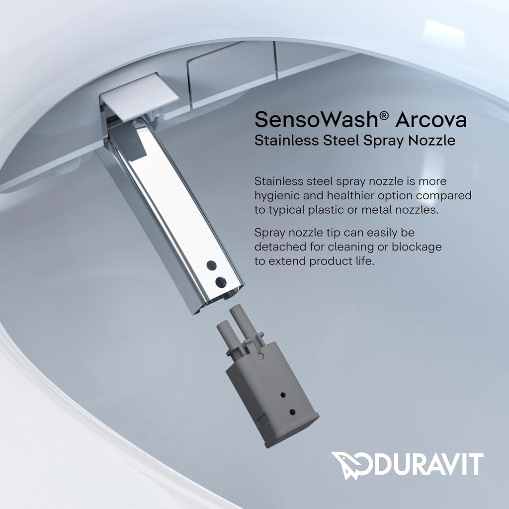 Duravit Sensowash Arcova Elongated Electric Slim Bidet Toilet Seat, Instant Warm Water, Air Dryer, Deodorizer, Heated Slow Close Seat, Stainless Steel Wand, Night Light, Remote Control, White - 600008