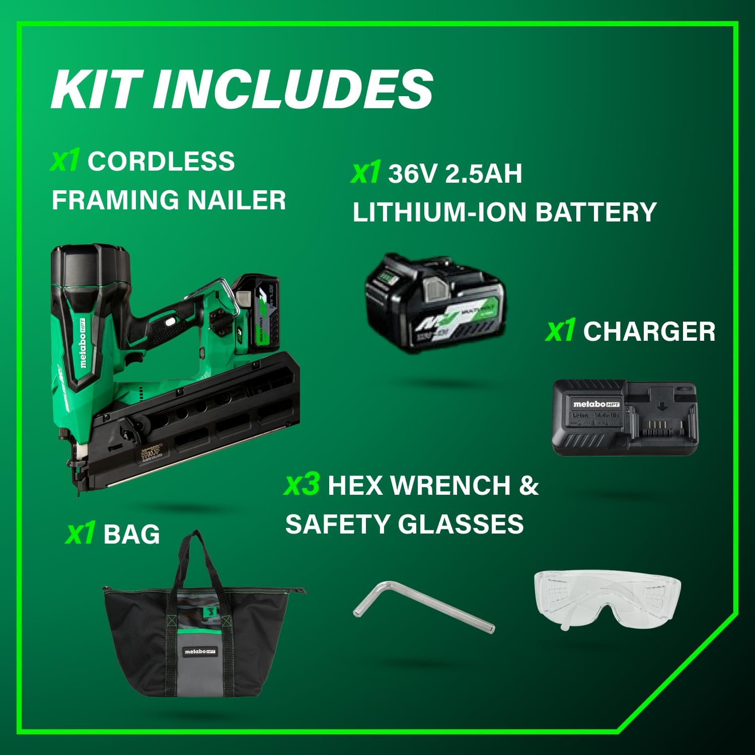 Metabo HPT 36V MultiVolt Cordless Plastic Strip Framing Nailer Kit, 21 Degree Framing Nailer with Power Tool 2.5Ah Lithium Ion Battery, Drives 2' to 3-1/2' Nails, NR3690DR