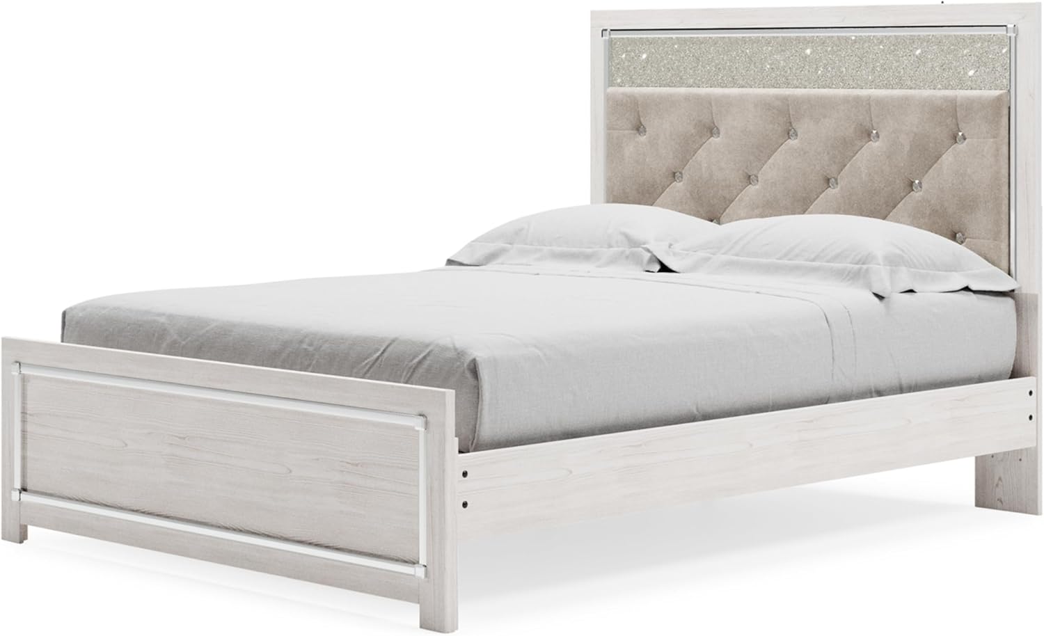 Signature Design by Ashley Altyra Glam Tufted Upholstered Queen Platform Bed with LED Lighting, Foundation or Box Spring Not Needed, White