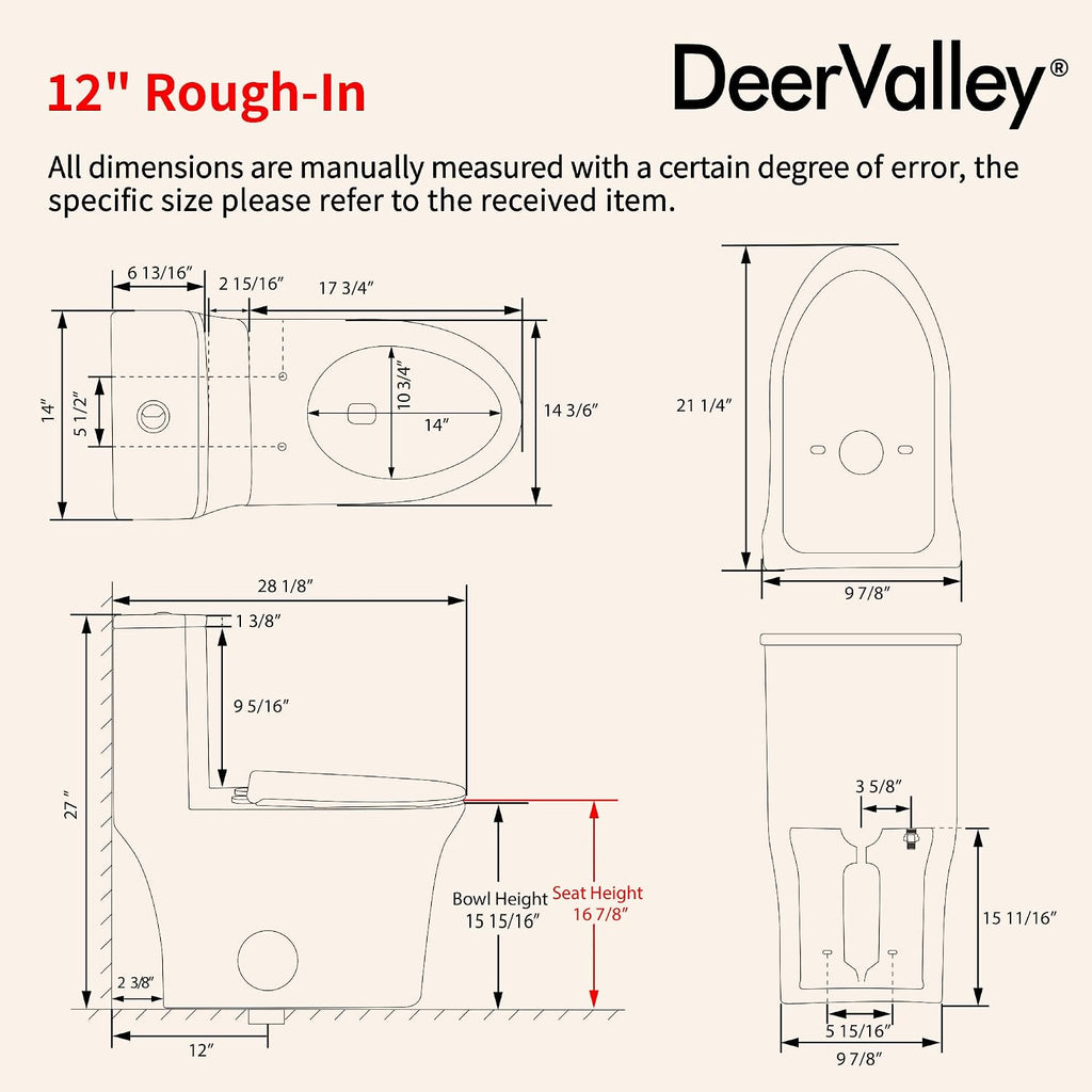DeerValley One Piece Toilet Elongated Toilet with Soft-Close Seat Powerful 1.1/1.6 GPF Dual Flush Standard Height Toilets Skirted Design 12' Rough-In DV-1F026