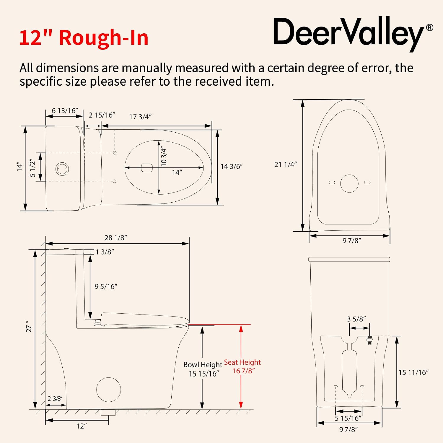 DeerValley One Piece Toilet Elongated Toilet with Soft-Close Seat Powerful 1.1/1.6 GPF Dual Flush Standard Height Toilets Skirted Design 12' Rough-In DV-1F026