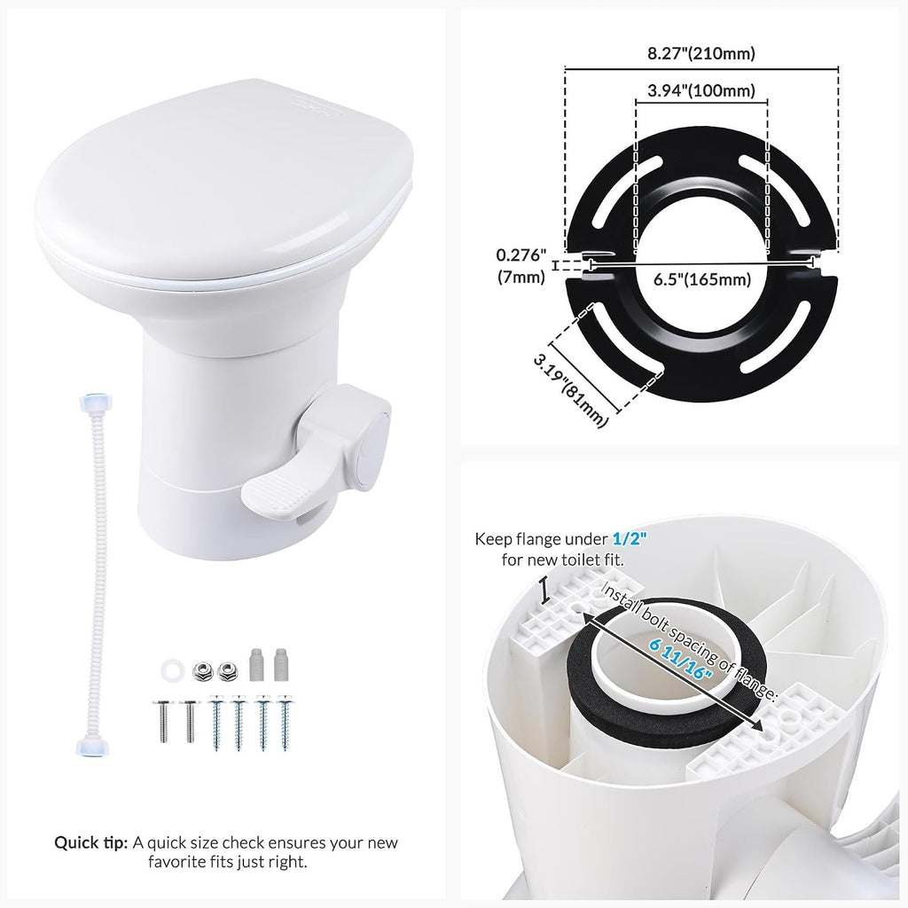 Yescom RV Camper Toilet Porcelain Ceramic Enamel & HDPE Gravity Flush 20' High Foot Pedal for Travel Trailer Motorhome Caravan
